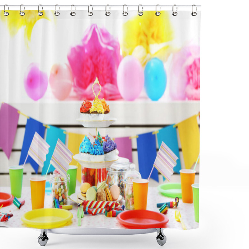 Personality  Prepared Birthday Table With Sweets For Children Party Shower Curtains