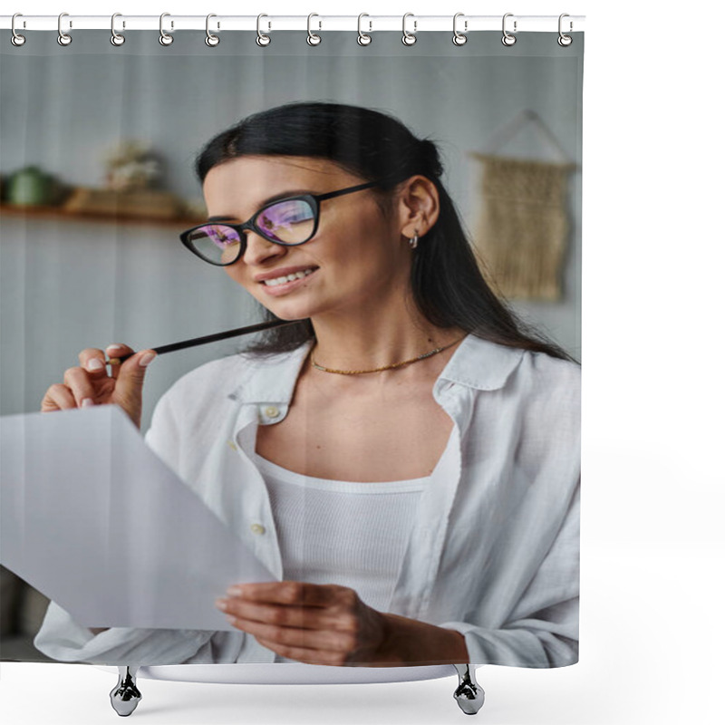 Personality  A Woman In Glasses Writing On Paper With A Pen. Shower Curtains