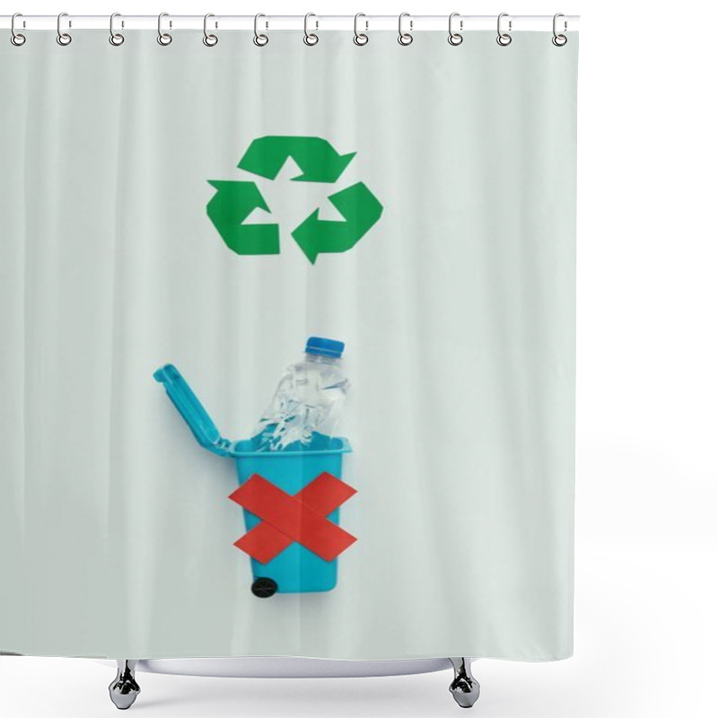 Personality  Top View Of Recycle Sign, Trash Bin With Red Cross And Plastic Bottle Isolated On Grey, Recycling Concept Shower Curtains