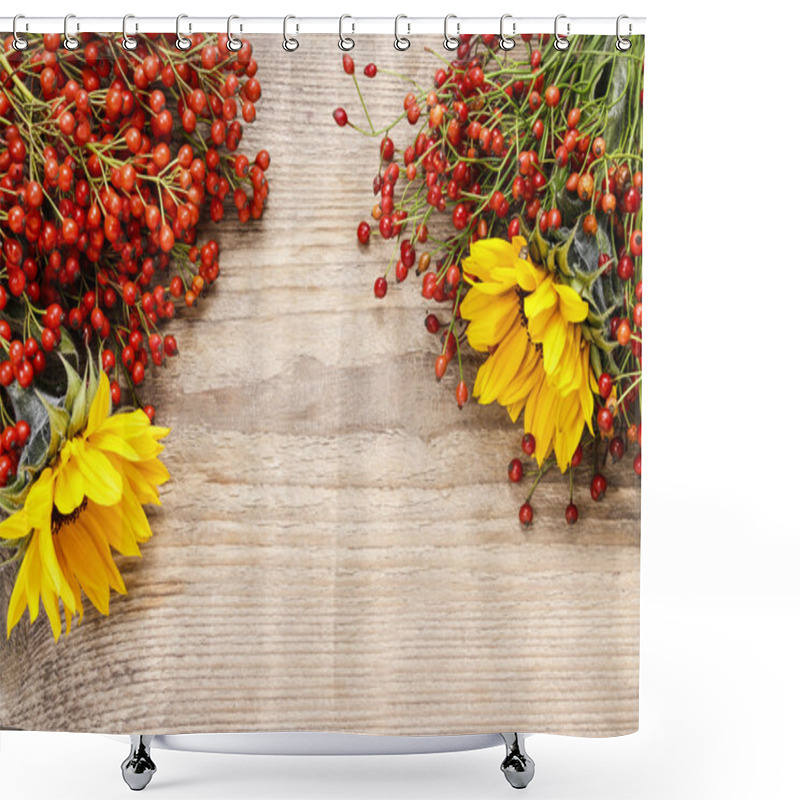 Personality  Sunflowers And Rosa Canina Twigs (rose Hip) On Wood Shower Curtains