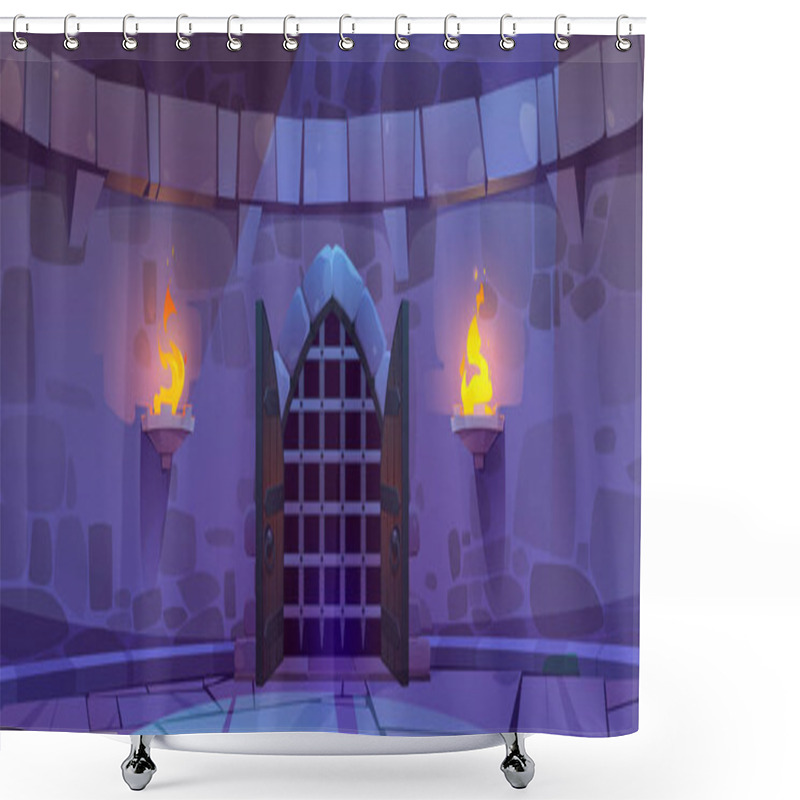 Personality  Medieval Castle Dungeon Stone Wall Game Cartoon Vector Background. Dark Ancient Underground Magic Cave With Prison Gate And Window With Falling Moonlight. Jail In Kingdom Basement With Doorway Shower Curtains