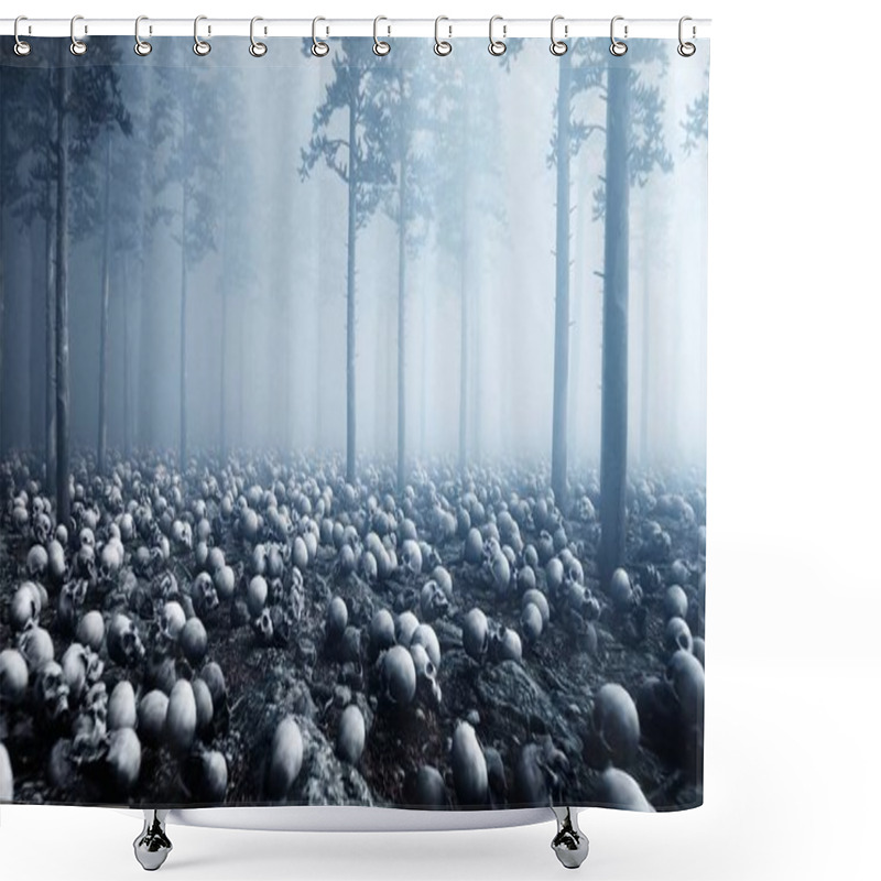 Personality  Scary Old Skulls In Fog Night Forest. Fear And Horror. Mistic And Apocalypse Concept. 3d Rendering. Shower Curtains