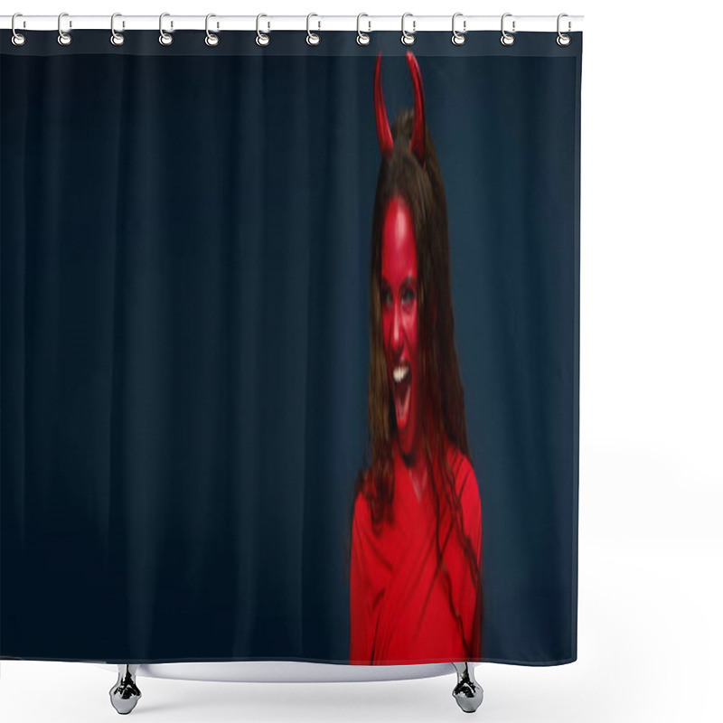 Personality  A Cheerful Woman Dressed In A Striking Red Devil Costume Brings Halloween Spirit To Life. Shower Curtains