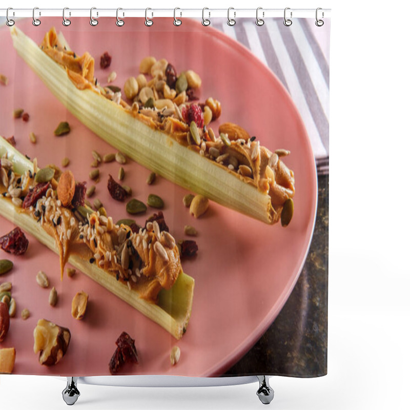 Personality  Healthy Snack Peanut Butter Celery Or Ants On A Log With Mixed Nuts And Seeds Shower Curtains