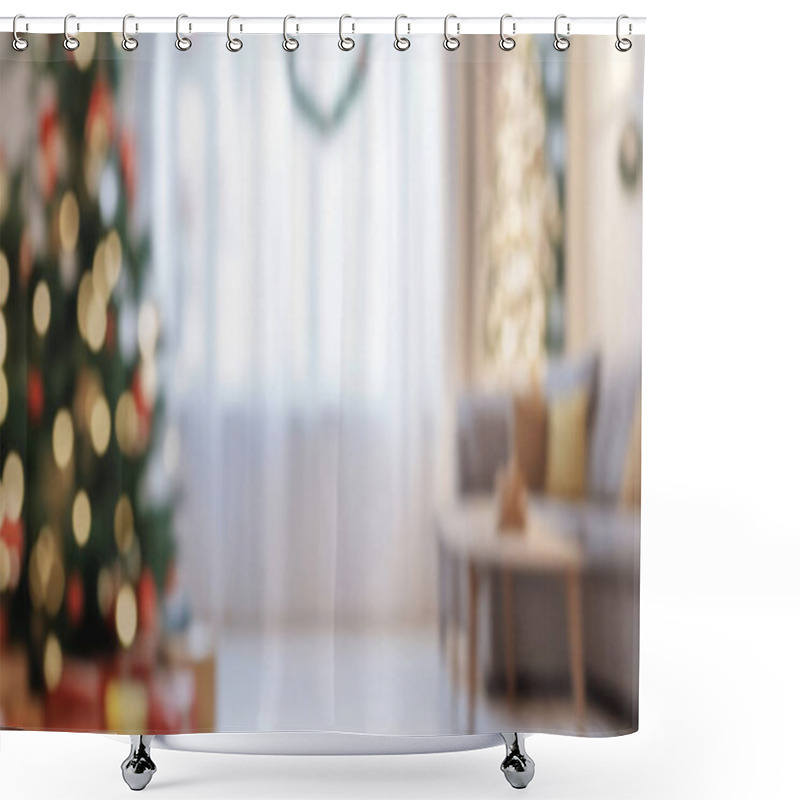 Personality  Cozy Holiday Living Room With Blurred Christmas Tree And Decorations. Shower Curtains