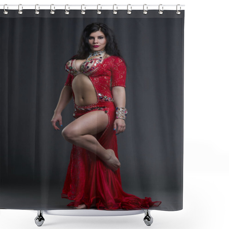 Personality  Young Beautiful Exotic Eastern Women Performs Belly Dance In Ethnic Red Dress On Gray Background Shower Curtains