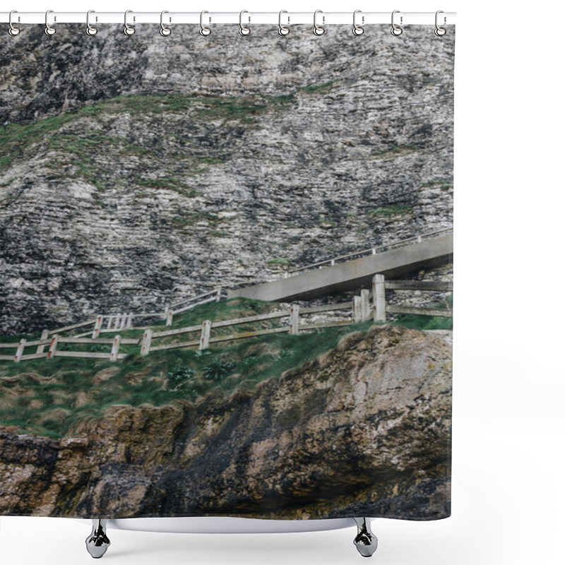 Personality  Stairs With Wooden Railing On Cliff, Etretat, Normandy, France Shower Curtains