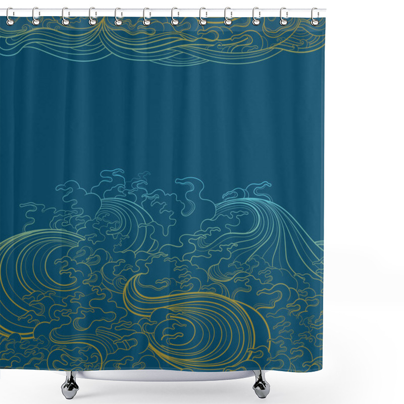 Personality  Vector Contour Illustration, Template For Graphic Design Depicting Sea Waves In Traditional Oriental Style. A Place For Text. Shower Curtains