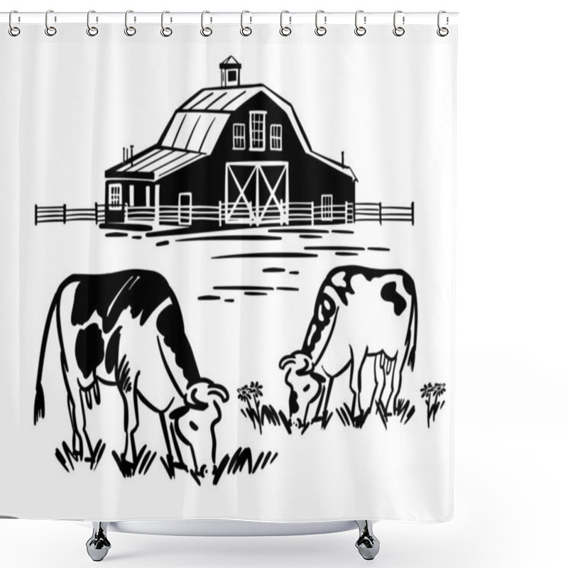 Personality  Cows Graze Eating Grass In Meadow. Handmade Ranch In Black And White Outline. Vector Illustration Of Building With Fence In Countryside. Shower Curtains