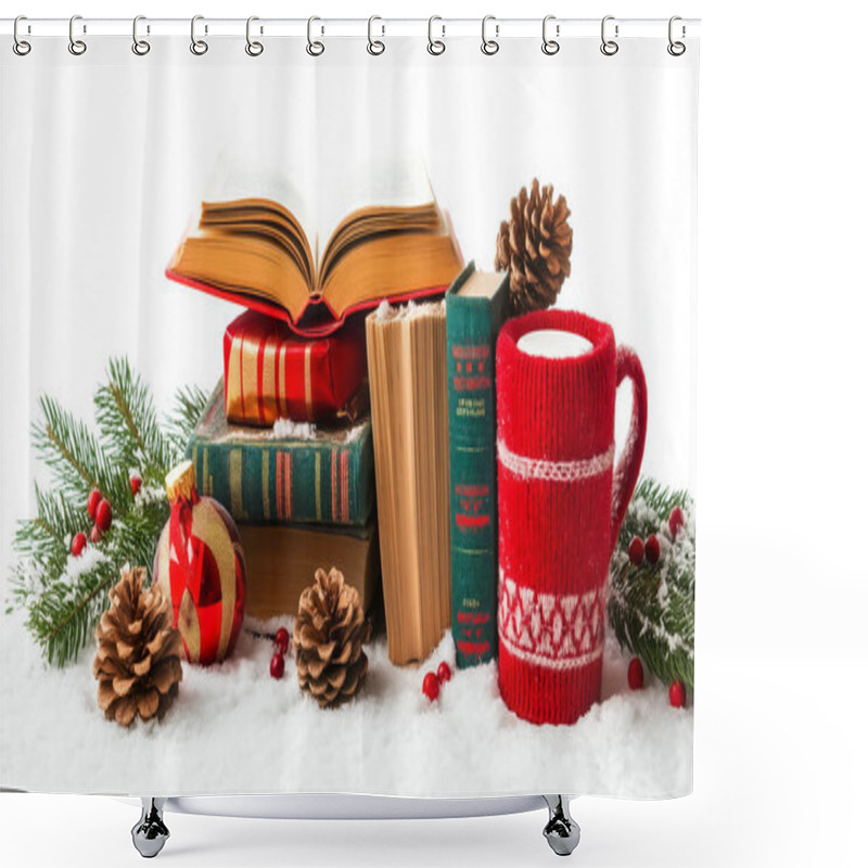 Personality  Festive Stack Of Books With Ornaments, Candles, And Pinecones, Ready To Bring In The Holiday Cheer. Shower Curtains