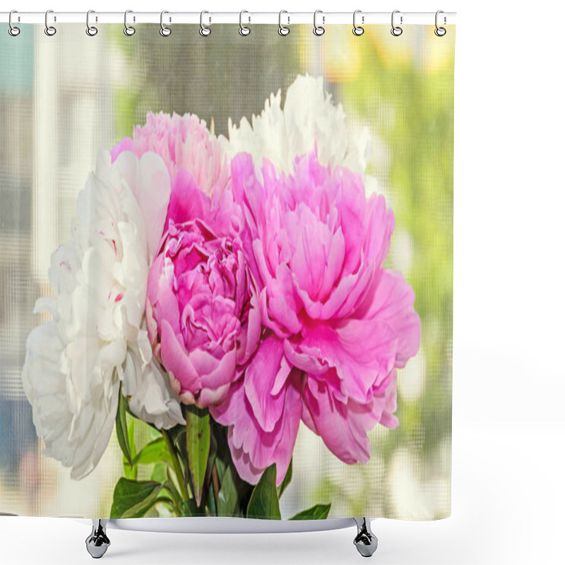 Personality  Bouquet Of Pink And White Peony Flowers With Buds, Bokeh Blur Shower Curtains