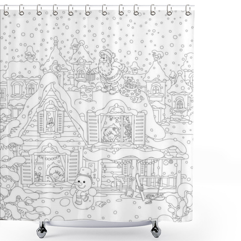 Personality  Santa Claus With Holiday Gifts Near A Chimney On A Snow-covered Rooftop Of A House With Sleeping Children On A Snowy Night Before Christmas, Black And White Vector Cartoon Shower Curtains