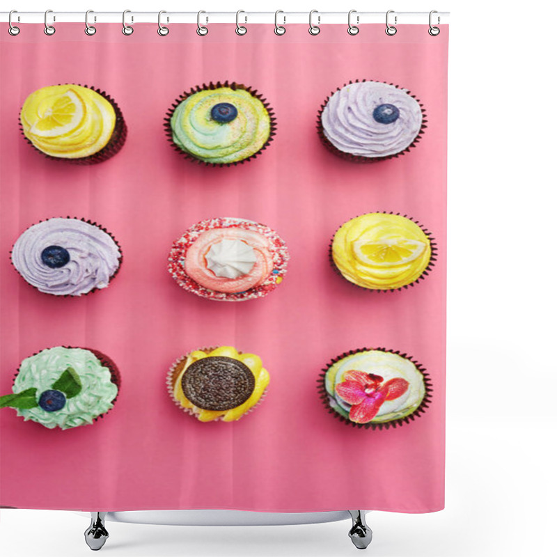 Personality  Colorful Cupcakes On Pink Background. Cake Desserts With Cream And Different Toppings. High Resolution Shower Curtains