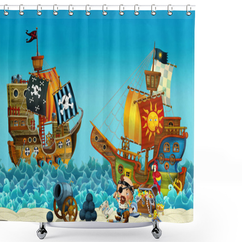 Personality  Cartoon Scene Of Beach Near The Sea Or Ocean - Pirate Captain On The Shore And Treasure Chest - Pirate Ships - Illustration For Children Shower Curtains