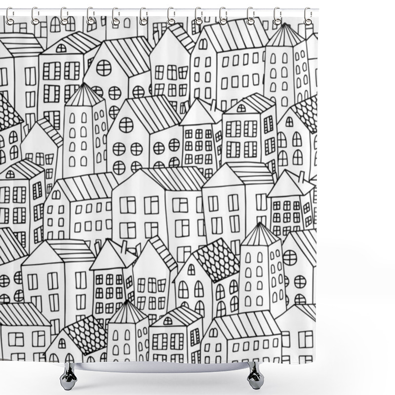 Personality  Cartoon Hand Drawing City Houses Seamless Pattern. Black And White Repeating Background For Coloring. Doodle Houses. Shower Curtains