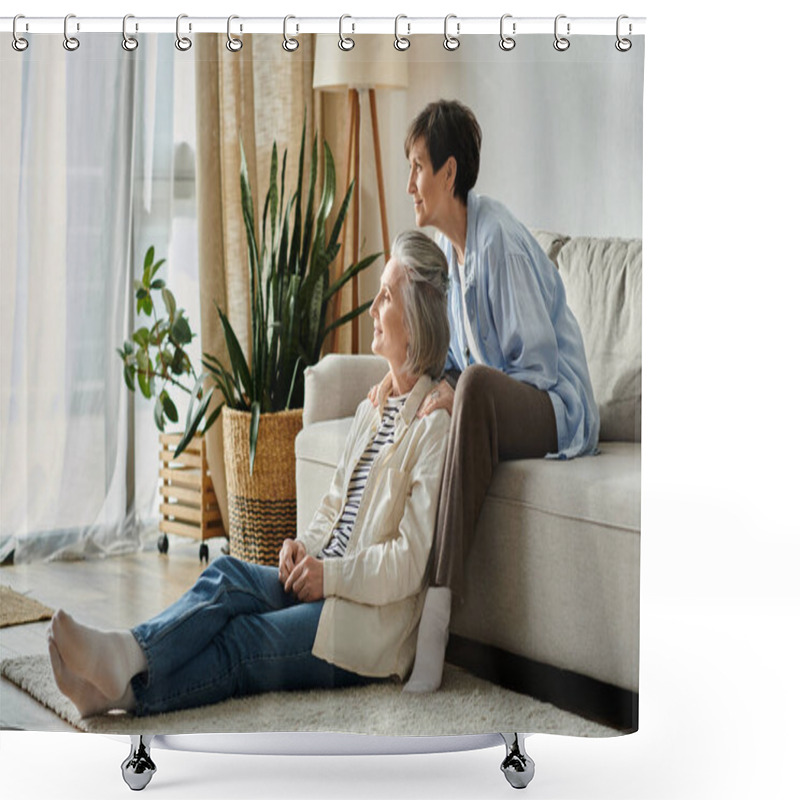 Personality  Two Senior Women Sit Peacefully By A Window. Shower Curtains