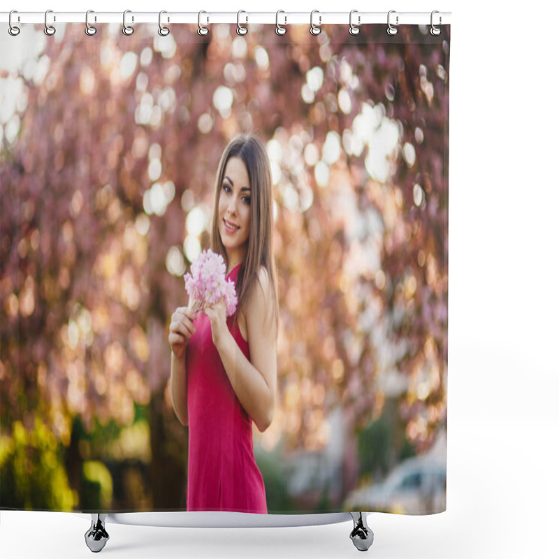 Personality  Young Girl Posing For A Photo. Flowering Pink Trees In The Background. Spring. Sakura. Shower Curtains