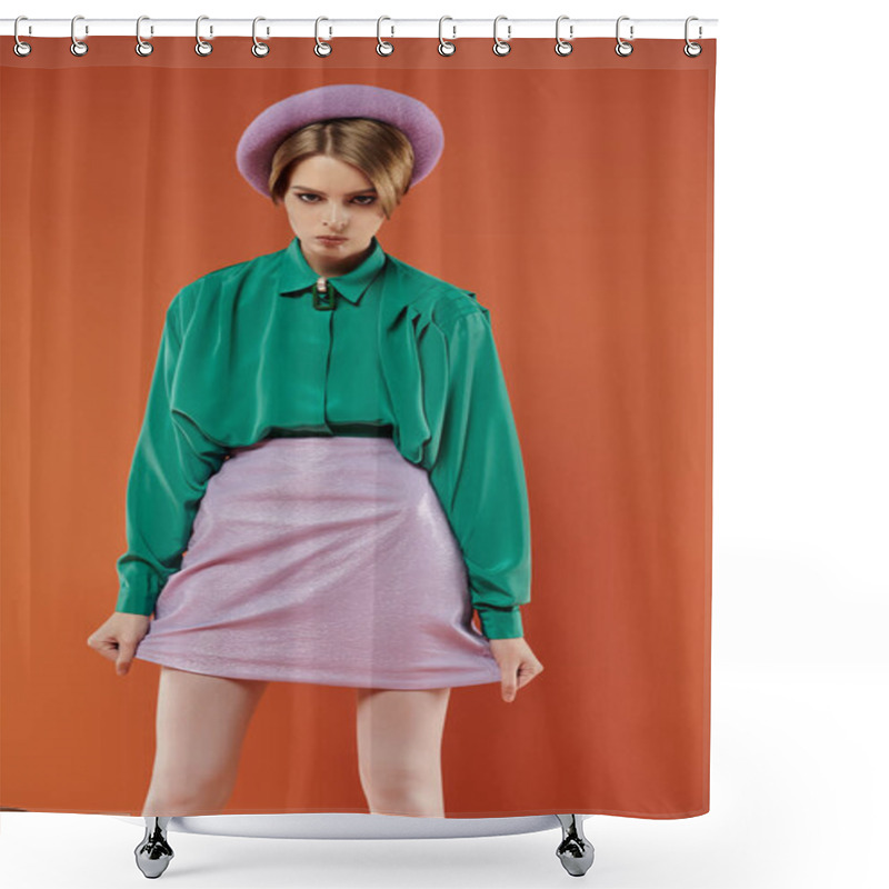 Personality  A Woman In A Green Shirt And Lavender Skirt Poses Against A Vibrant Orange Background. Shower Curtains