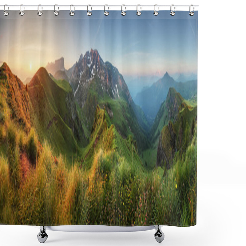 Personality  Mountain Sunrise Panorama In Dolomites, Passo Giau Shower Curtains