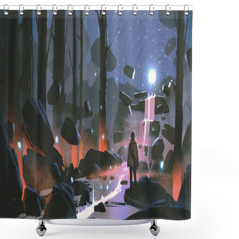 Personality  Man Looking At The Glowing Light Ball Floating Above Waterfall In Enchanted Forest, Digital Art Style, Illustration Painting Shower Curtains