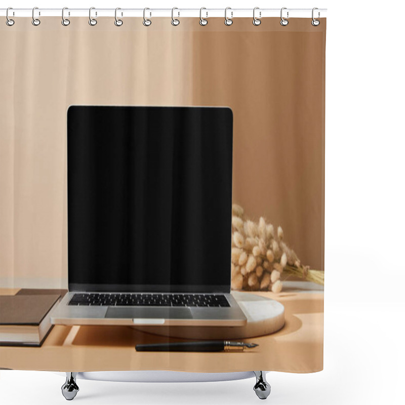 Personality  Laptop With Blank Screen Near Lagurus Spikelets, Notebook And Paintbrush On Beige Background Shower Curtains