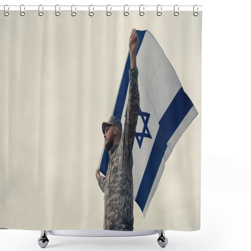 Personality  Low Angle View Of Soldier In Uniform Holding National Flag Of Israel With Sky At Background  Shower Curtains