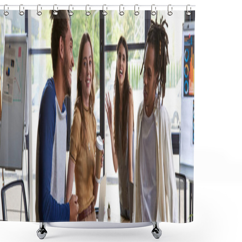 Personality  Cheerful Woman Waving Hand Near Group Of Multiethnic Colleagues Talking In Modern Office, Banner Shower Curtains