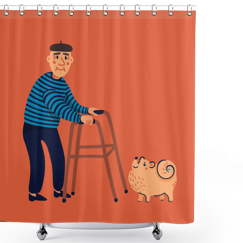 Personality  Old Man Walking With His Dog. Grandfather With A Walker Walking With A Small Dog. Elderly People Lifestyle. Flat Style Vector Illustration. Shower Curtains