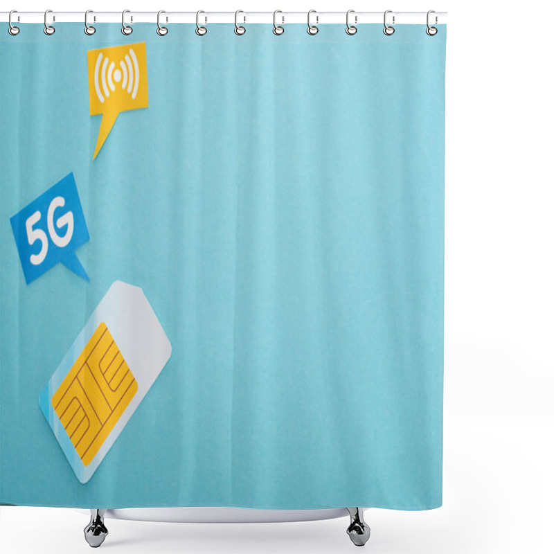 Personality  Top View Of Sim Card And  Speech Bubbles With 5g Lettering On Blue Background Shower Curtains