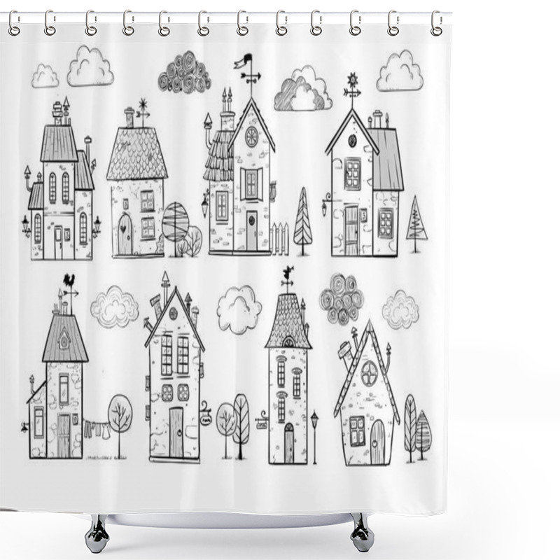 Personality  Cute Doodle Houses On Blackboard Background. Vector Illustration Shower Curtains