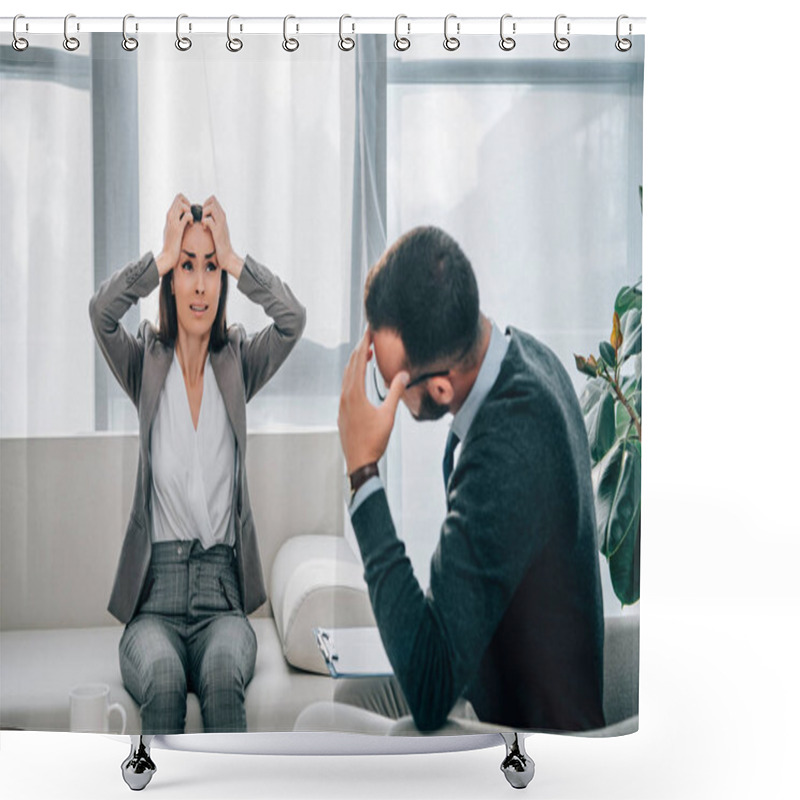 Personality  Depressed Patient Crying And Touching Head In Therapist Office Shower Curtains