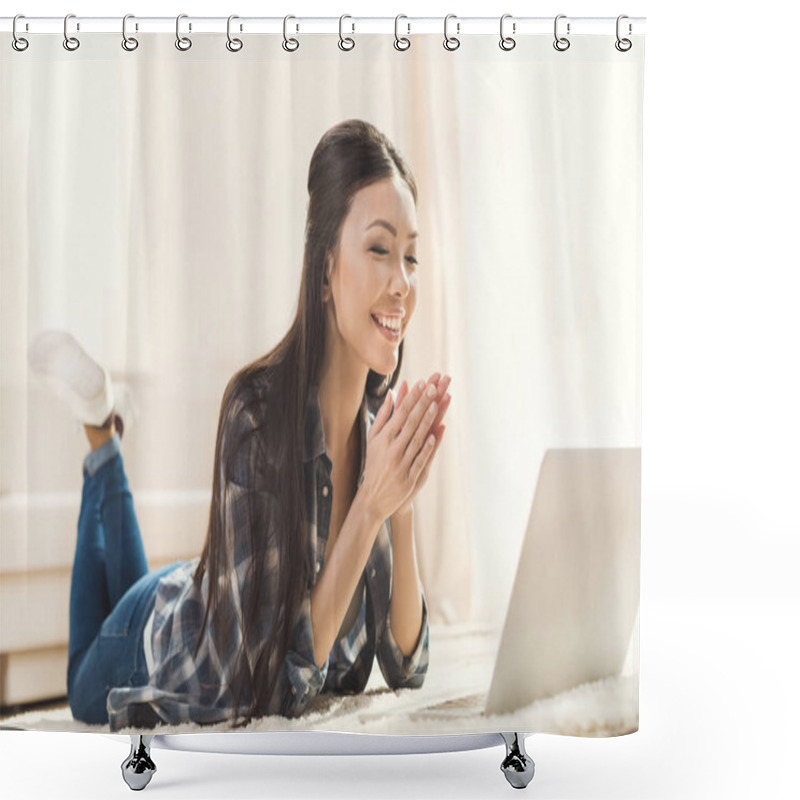 Personality  Woman Lying On Carpet And Clapping Hands Shower Curtains