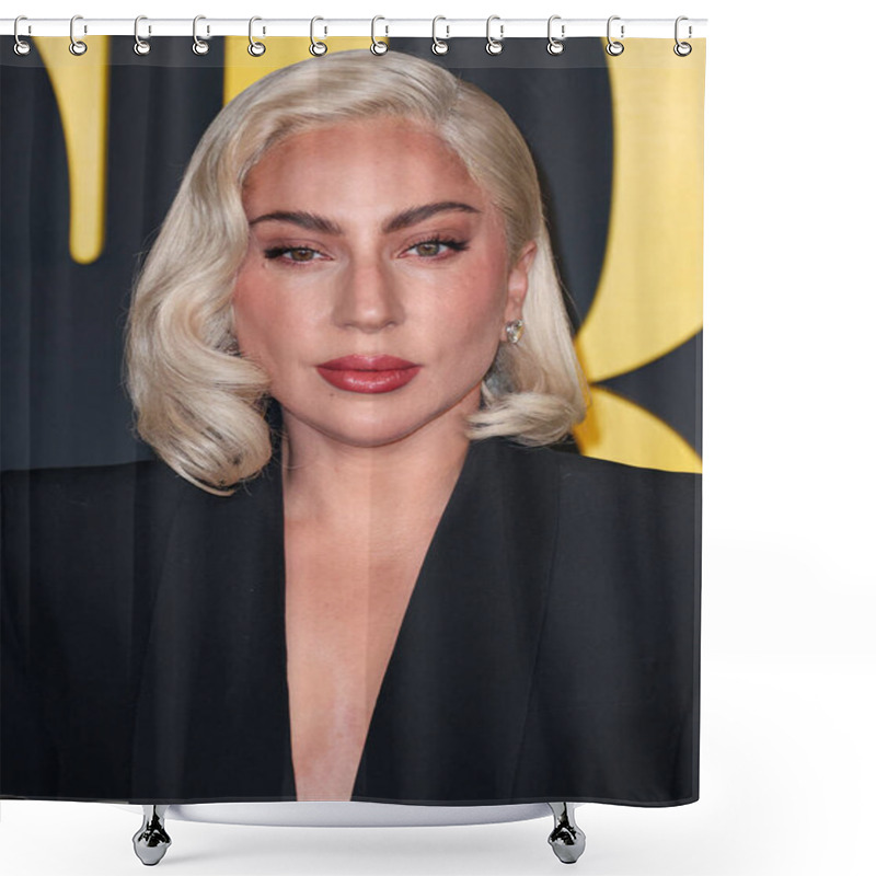 Personality  Lady Gaga (Stefani Joanne Angelina Germanotta) Wearing An Alexander McQueen Suit Arrives At The Los Angeles Special Screening Of Netflix's 'Maestro' Held At The Academy Museum Of Motion Pictures On December 12, 2023 In Los Angeles Shower Curtains