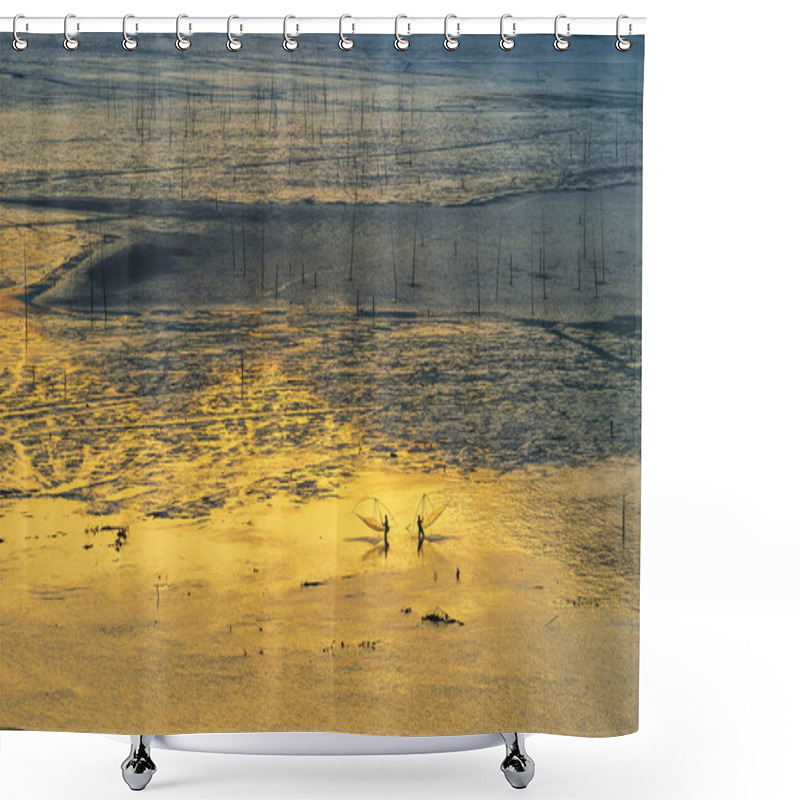 Personality  Xiapu Tidal Flats Landscape, Fisherman In Early Morning, Fujian Province, China Shower Curtains