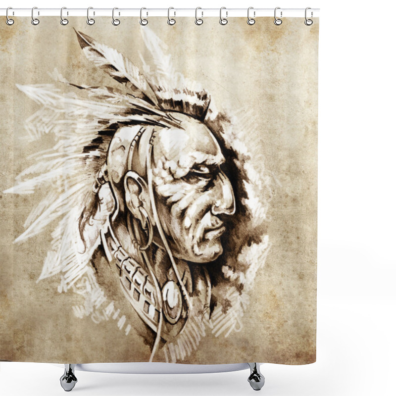 Personality  Sketch Of Tattoo Art, American Indian Chief Illustration Shower Curtains