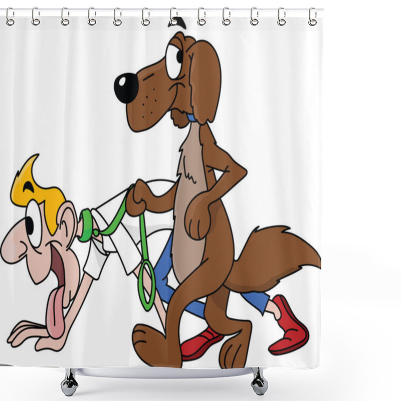 Personality  Cartoon Dog Walking His Owner Vector Illustration Shower Curtains