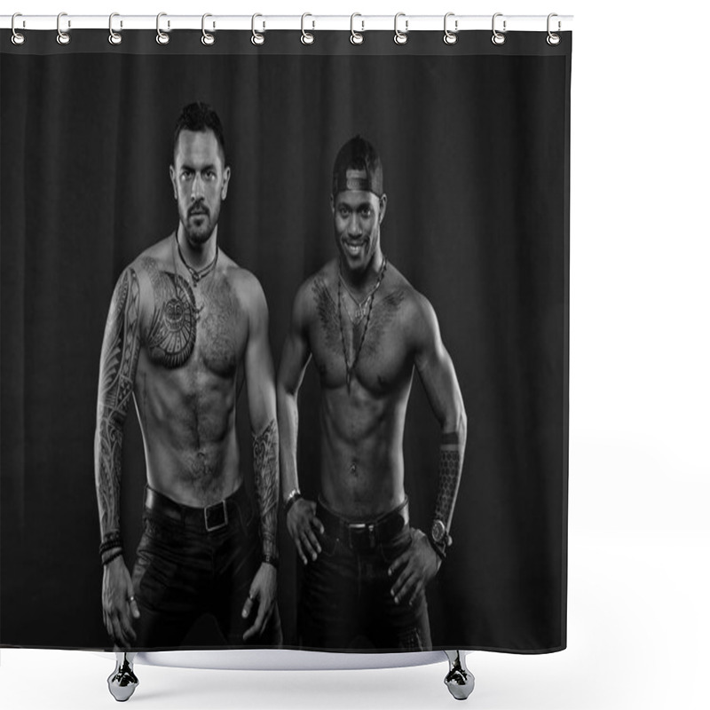 Personality  Men With Muscular Torsos Isolated On Black Background. Bodybuilders With Tattoos Posing Together, Sport Concept. Male Models With Sexy Bodies. Smiling African Guy Wearing Baseball Cap Backwards Shower Curtains