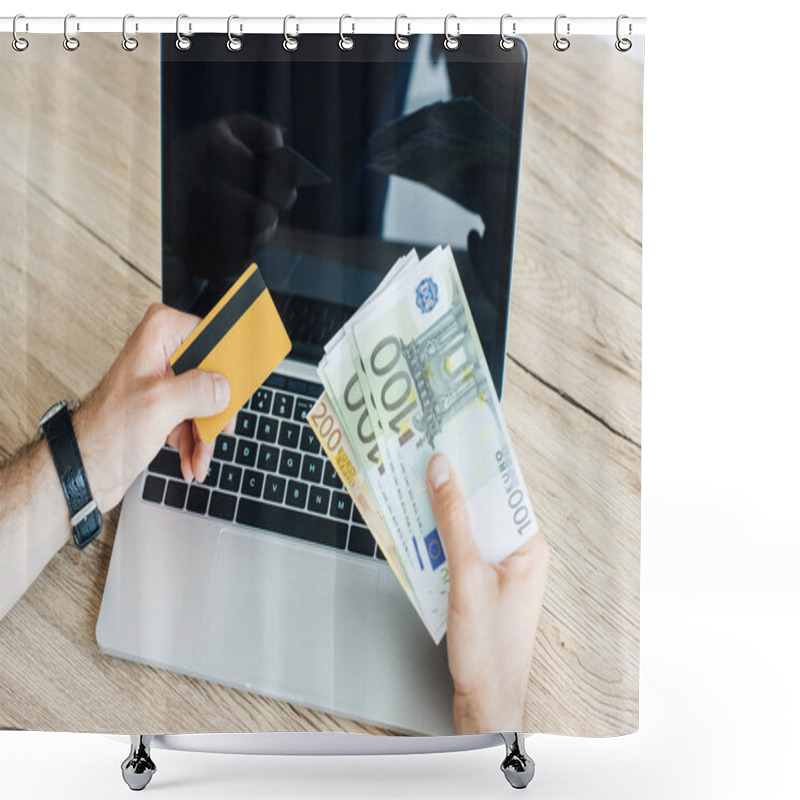 Personality  Cropped Shot Of Person Holding Credit Card And Money Above Laptop  Shower Curtains