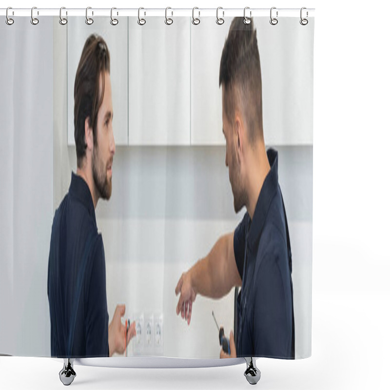 Personality  Workman Pointing At Power Sockets Near Electrician In Kitchen, Banner Shower Curtains