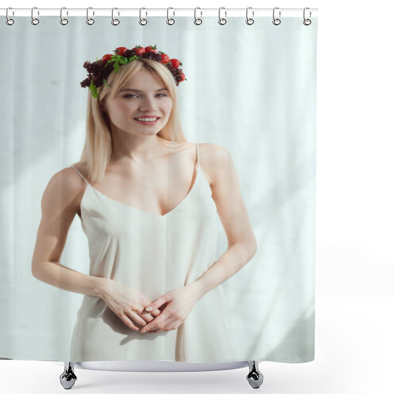 Personality  Portrait Of Smiling Woman In Dress With Wreath Made Of Fresh Lettuce And Cherry Tomatoes, Vegan Lifestyle Concept Shower Curtains