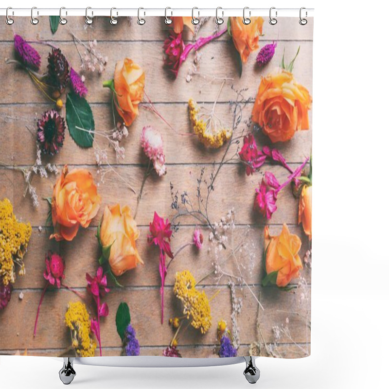 Personality  Flowers And Herbs On Wooden Texture Shower Curtains