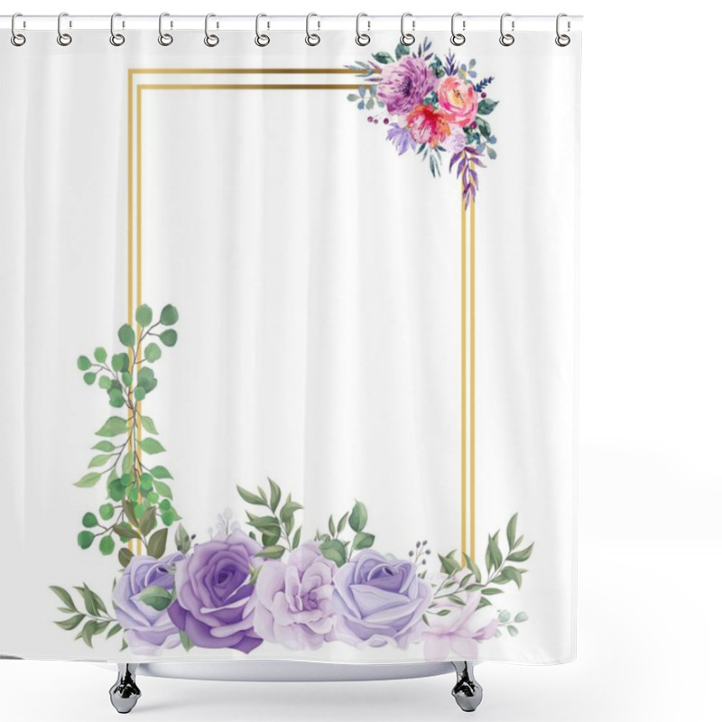 Personality  Beautiful Square Golden Wedding Photo Frame Vector Illustration, Golden Photo Frame, Wedding Flowers, Romantic, Love, Red Roses, Green Leaves, Rose, Leaf, Multicolor Flower, Blue And White Roses Shower Curtains