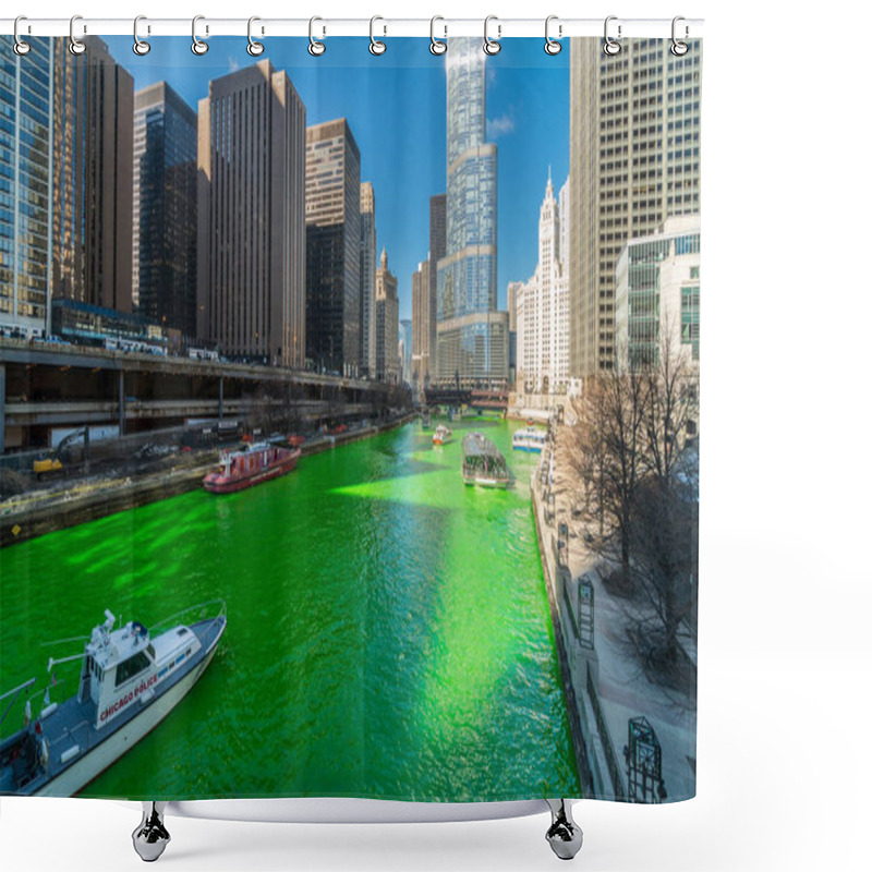 Personality  CHICAGO, USA - MAR 2019 :  Unrecognizable People And Tourist On The Yacht Running Over The Chicago River Walk In Saint Patrick's Day With Green Color River On March 16, 2019, In Chicago, Illinois, USA Shower Curtains