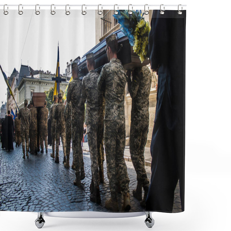 Personality  Lviv, Ukraine, August 31, 2024 Military Funeral Ceremony At The Church Of The Most Holy Apostles Peter And Paul In Lviv For An Azov Soldier Who Died In A Battle Against The Russian Army. Shower Curtains