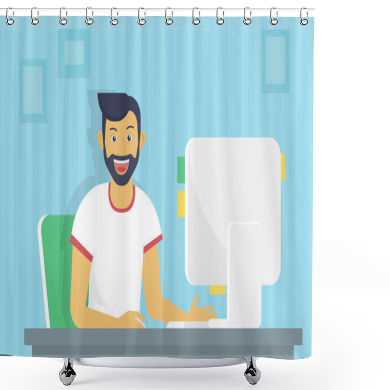 Personality  Man Is Working With Computer Shower Curtains