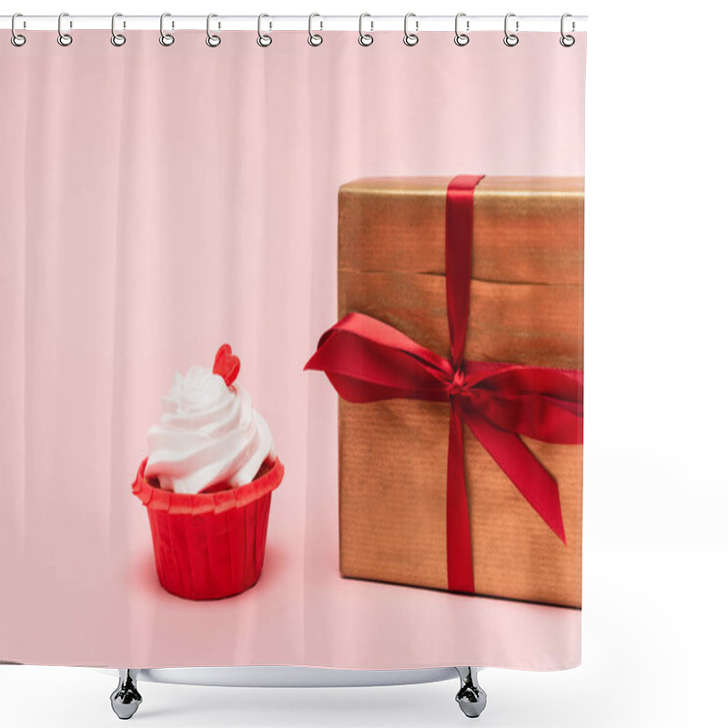 Personality  Valentines Cupcake With Red Heart Near Gift On Pink Background Shower Curtains