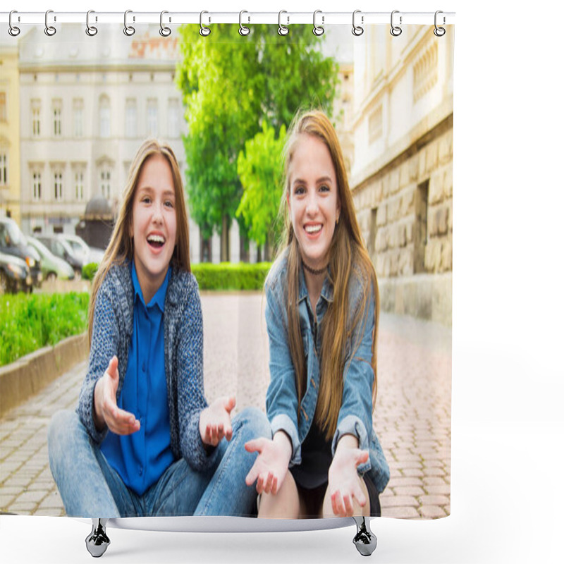 Personality  Beautiful Young Girl Resting On Street. Emotional Conversation Sisters. Shower Curtains