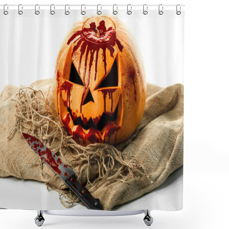 Personality  Bloody Pumpkin, Jack Lantern, Pumpkin Halloween, Halloween Theme, Pumpkin Killer, Bloody Knife, Bag, Rope, White Background, Isolated Shower Curtains