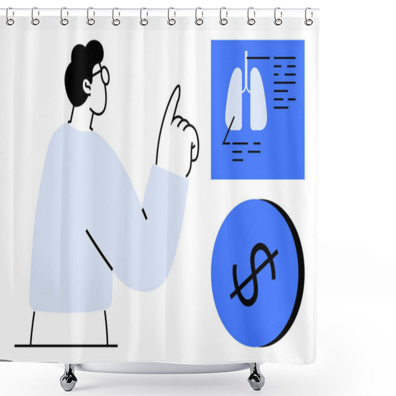 Personality  Person Pointing Towards Lung Diagram In Blue Square, Dollar Sign In Circle Nearby. Ideal For Healthcare, Financial Planning, Medical Research, Budgeting, Insurance, Cost Analysis Education. Abstract Shower Curtains