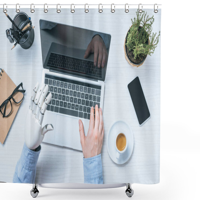 Personality  Cropped Image Of Businessman With Prosthetic Arm Using Laptop At Table With Potted Plant And Cup Of Coffee  Shower Curtains